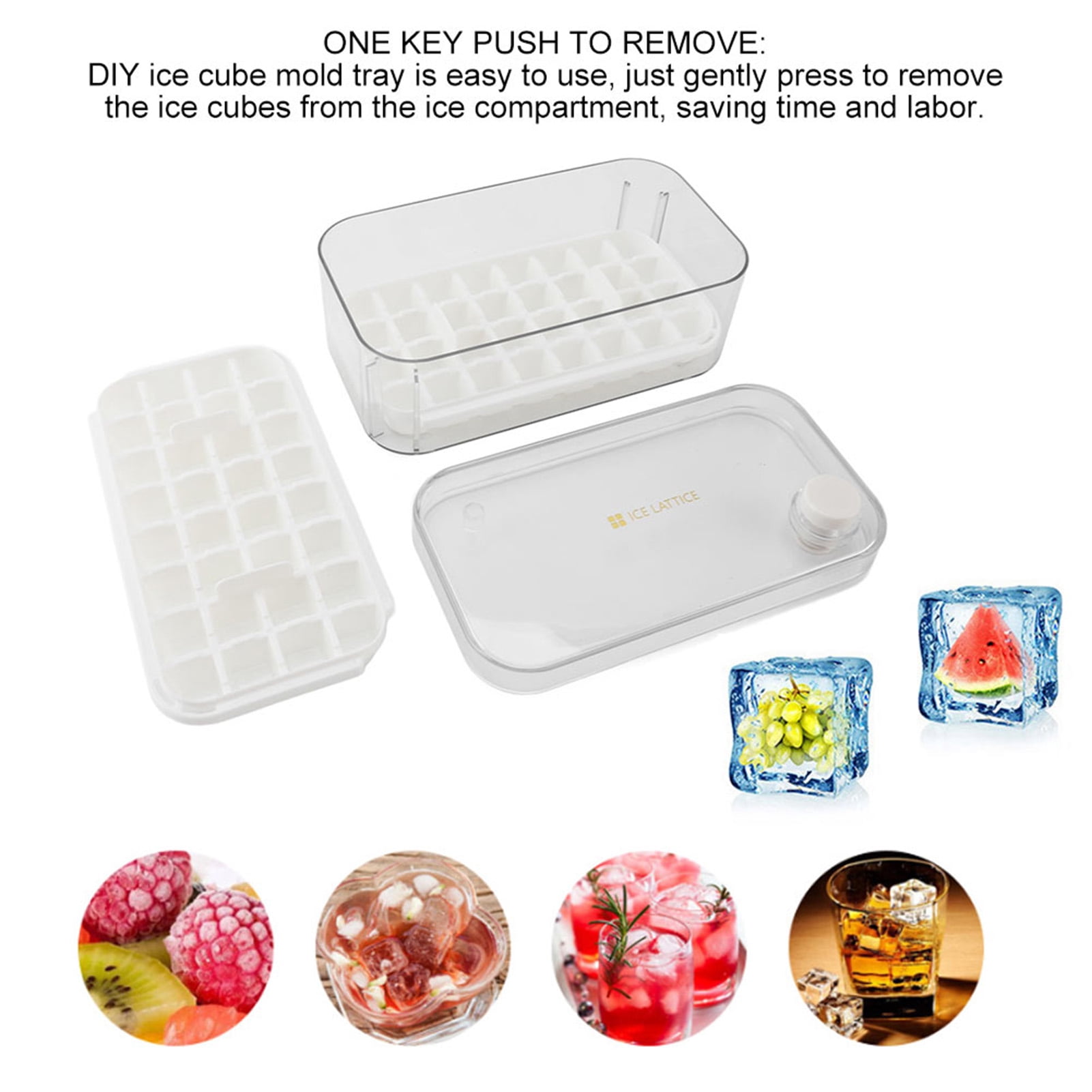 Suodoka 64-Grid Innovative Ice Cube Trays with Lid and Bin for Freezer, One-Press Release Food Grade Large Capacity Ice Maker Mold with Scoop, White (9.1 x 4.9 x 3.7 inches / 23 x 12.5 x 9.5 cm)