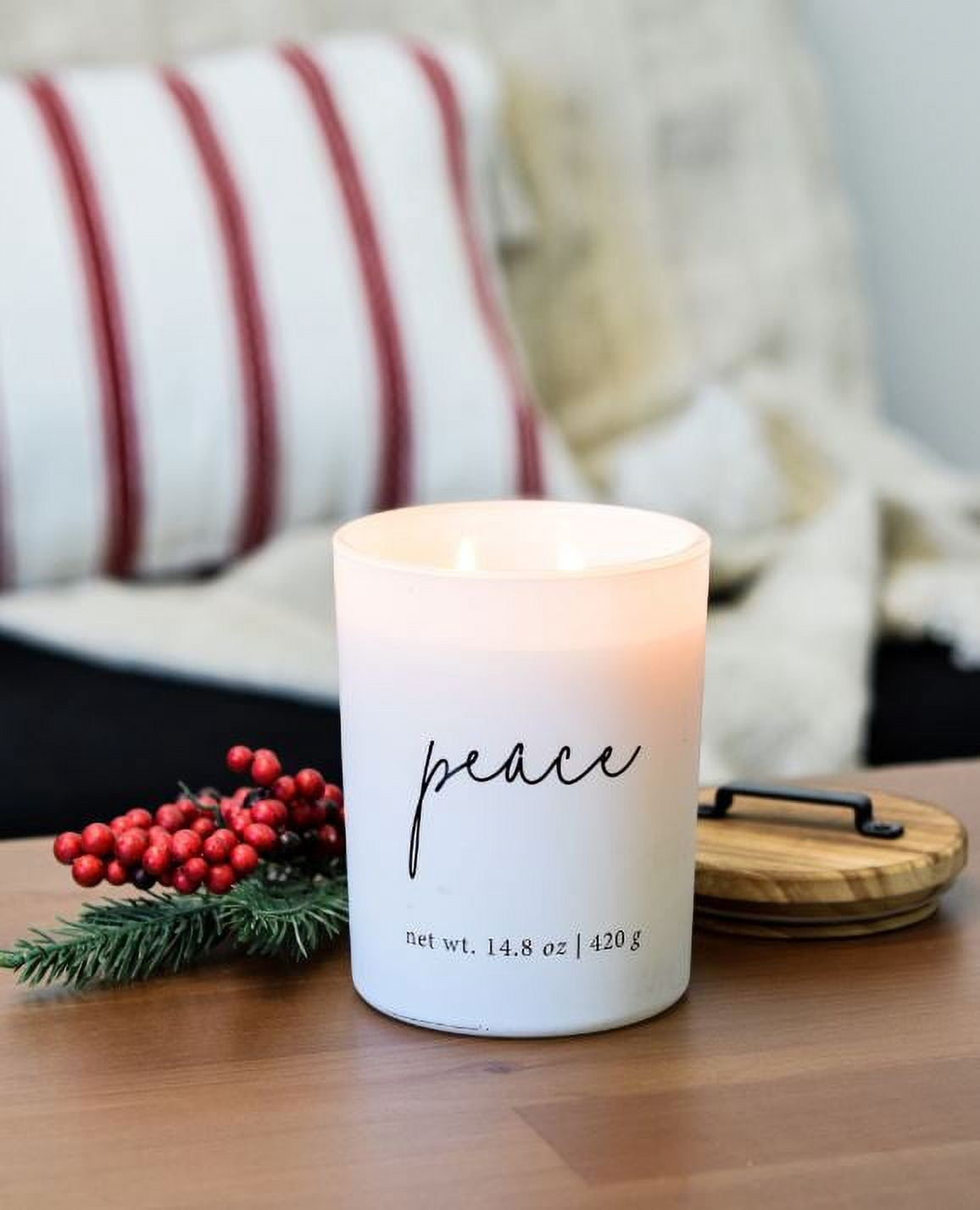 Better Homes & Gardens Farmhouse Sentiments Peace Patchouli & Balsam Scented 2-Wick Candle Jar with Wood Lid & Metal Handle 14.8oz