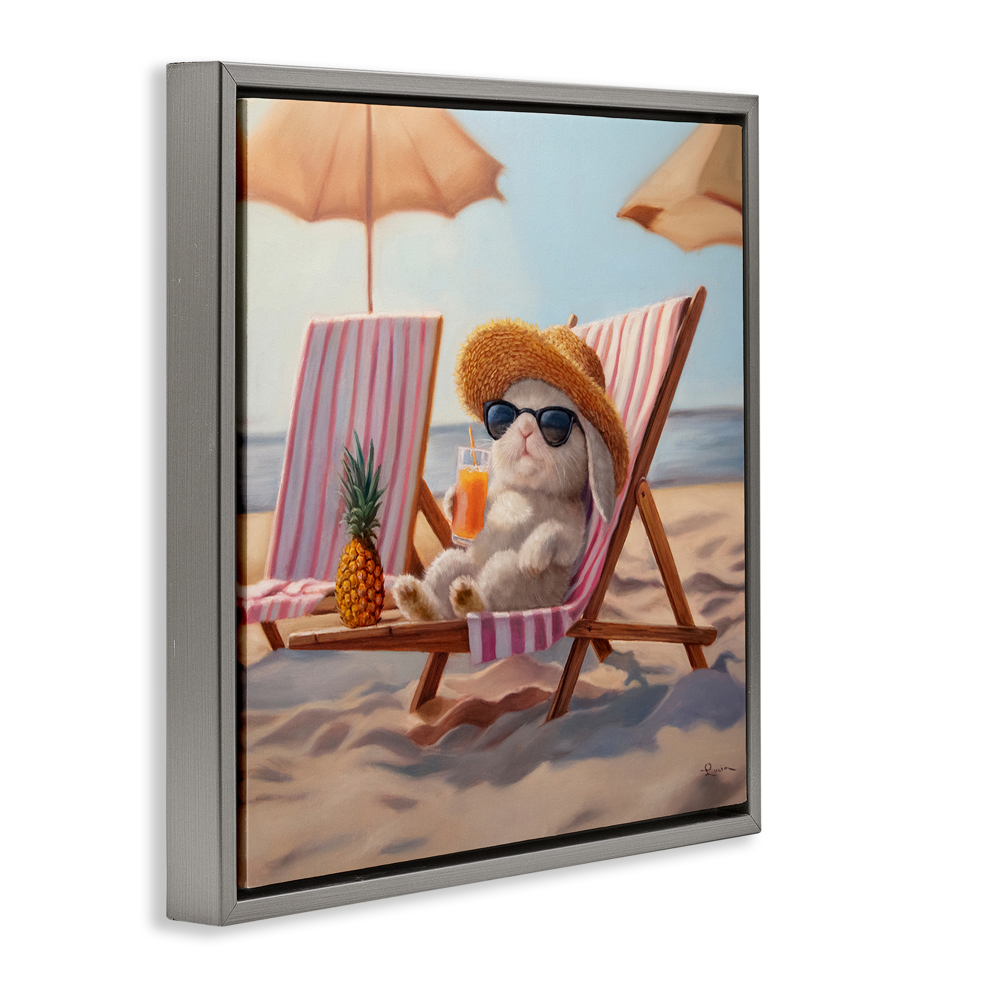 Beach Bun Relaxation Gray Framed Floater Canvas Wall Art, design by Lucia Heffernan
