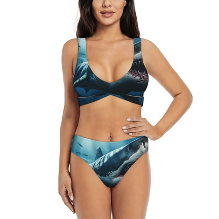 Zeuib 3D Realistic Shark High Waisted Tummy Control Bikini Set - Knot Front Push Up Top & Cheeky Thong Bottom  Two-Piece Swimsuit for Women-X-Large