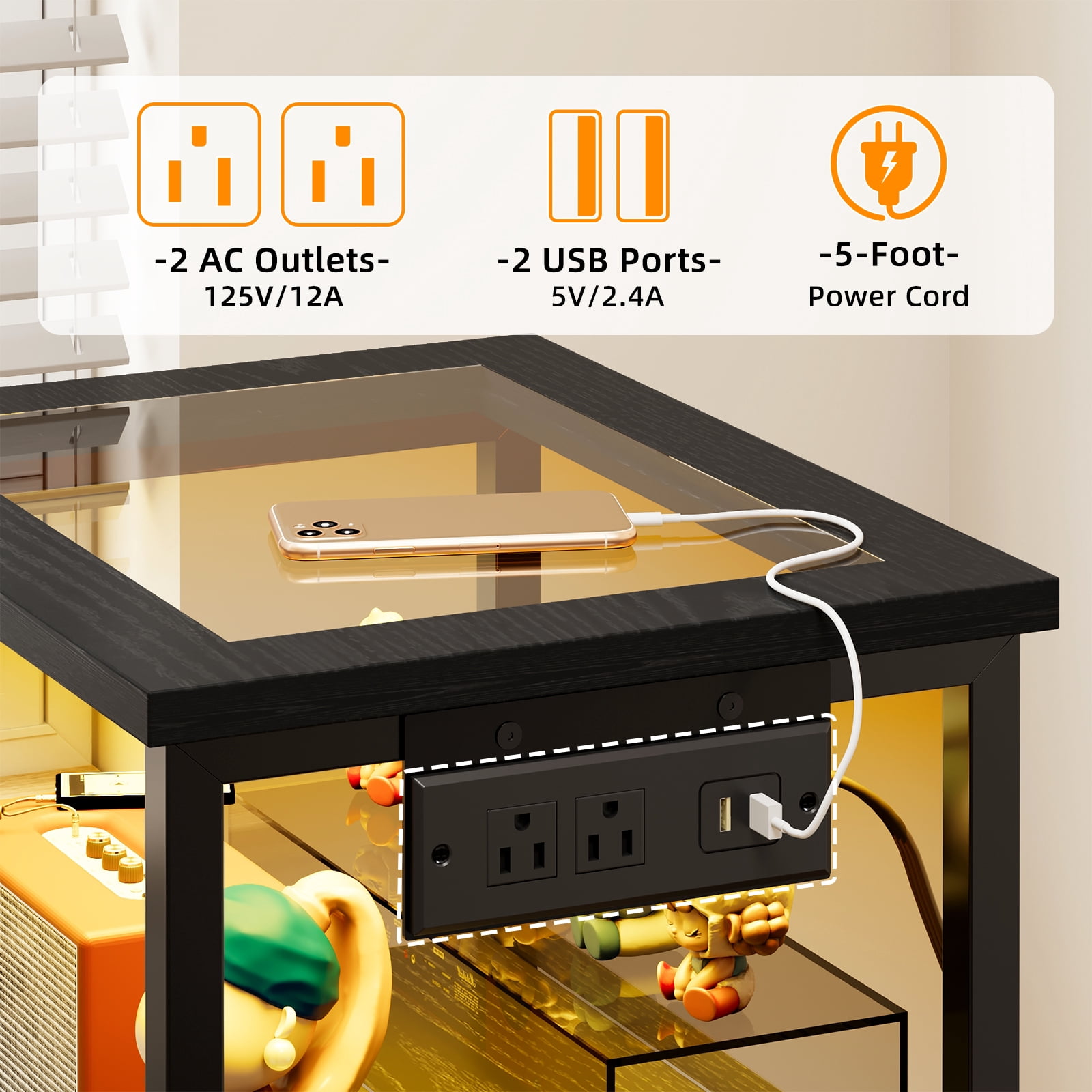 Tomnk Modern Nightstand with LED Lights & Charging Station, Side Table with Tempered Glass Top, USB Ports & Power Outlets, 3 Fabric Drawers for Bedroom, Living Room, Black