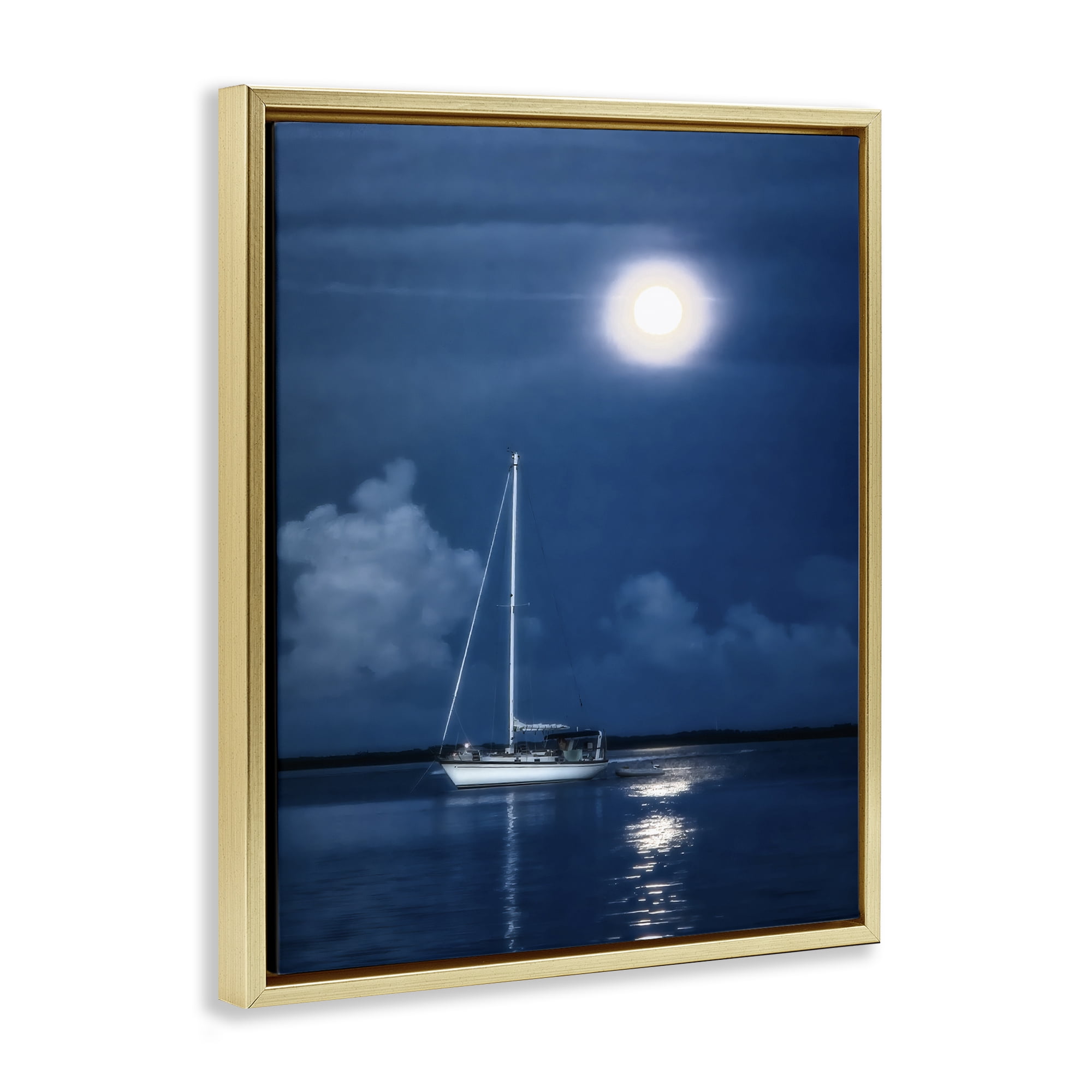 Stupell Industries Moonlit Nighttime Sailing Nautical & Beach Photography Gold Floater Framed Canvas Art Print Wall Art, 25 x 31