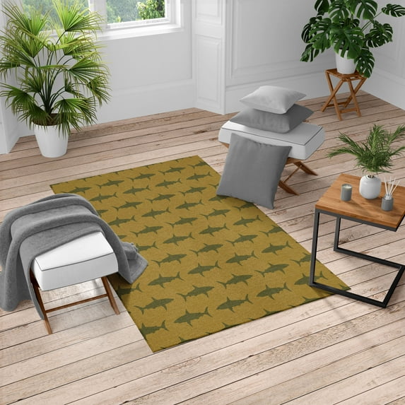 Sea Animals Turkish Area Rug, Sharks Swimming Horizontal Silhouettes Powerful Dangerous Wild Life, Carpet for Living Room Decor, 5.2' X 7.6', Khaki and Army Green, by Ambesonne