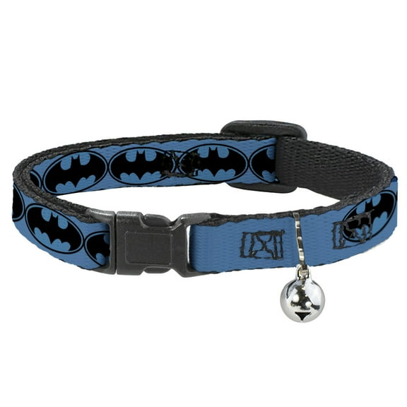 DC Comics Breakaway Cat Collar With Bell, Plastic Clip, Easy Adjustable, Bat Signal Blue Black Blue, 8.5 to 12 Inches 0.5 Inch Wide