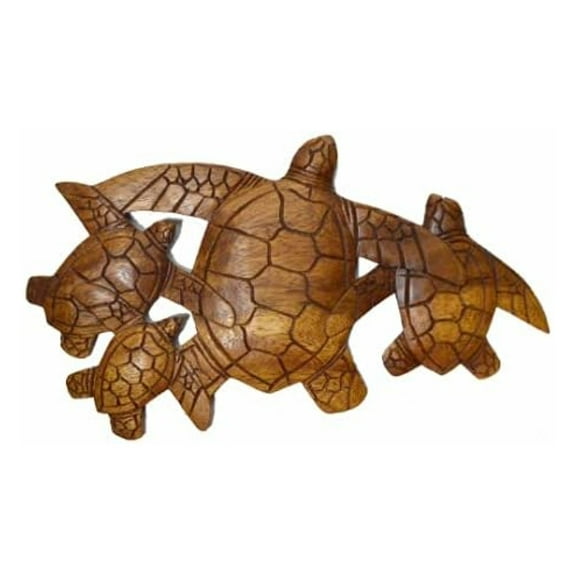 HAND CARVED WOODEN SEA TURTLE FAMILY ART WALL SCULPTURE PLAQUE