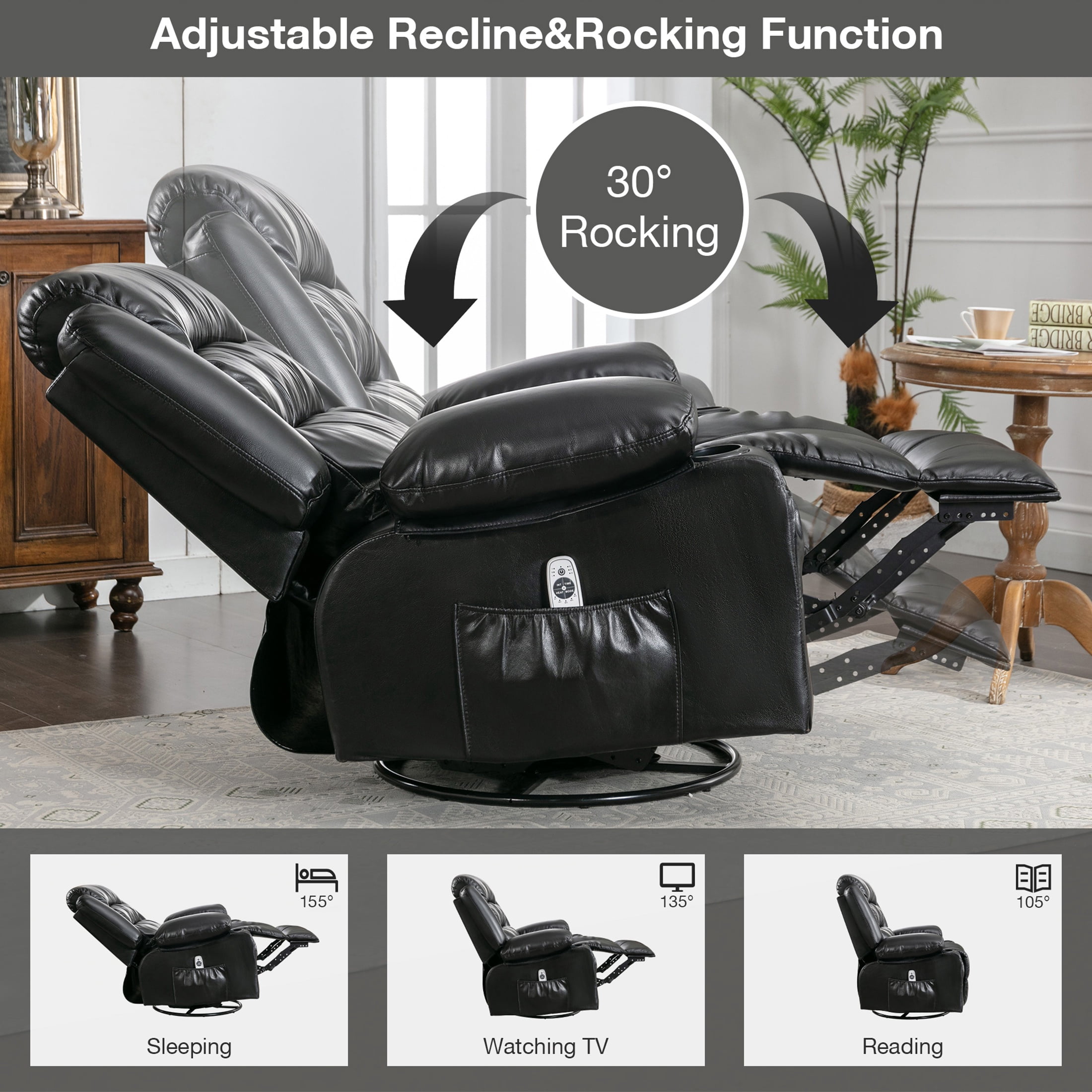 UHOMEPRO Massage Swivel Rocker Recliner Chair, PU Leather Rocking Sofa Home Recliner with Side Pockets Cup Holder and USB Charge Port, 360-degree Rotation, 30-degree Rocking, Black
