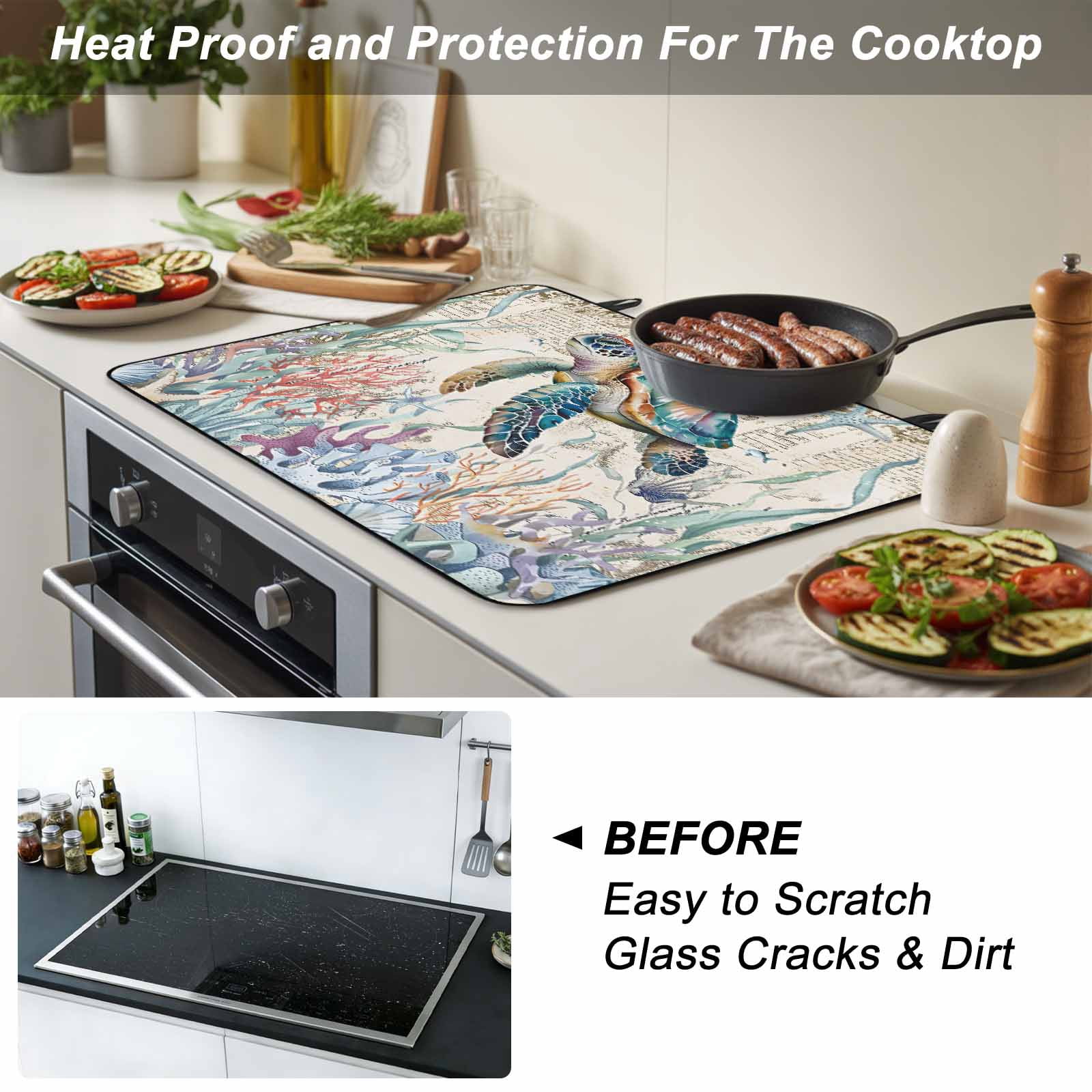 Blue Sea Turtle Coastal Stove Top Cover for Electric Stove, Heat-proof & Non Slip Glass Top Stove Cover Protector, Vintage Summer Beach Coral Ocean Kitchen Flat Cooktop Rubber Mat 24x21 Inches