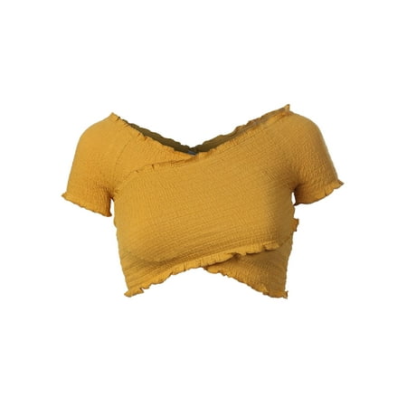 Lettuce Edge Ribbed Shirt - Made by Olivia Women's Cross Wrap Lettuce Edge Smock Bandage Crop Top Yellow M