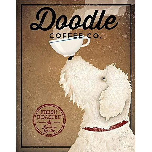 Buyartforless White Labradoodle Coffee Co by Ryan Fowler 14x11 Signs Dogs Animals Art Print Poster Wall Decor Vintage Advertising Sign Labra Doodle