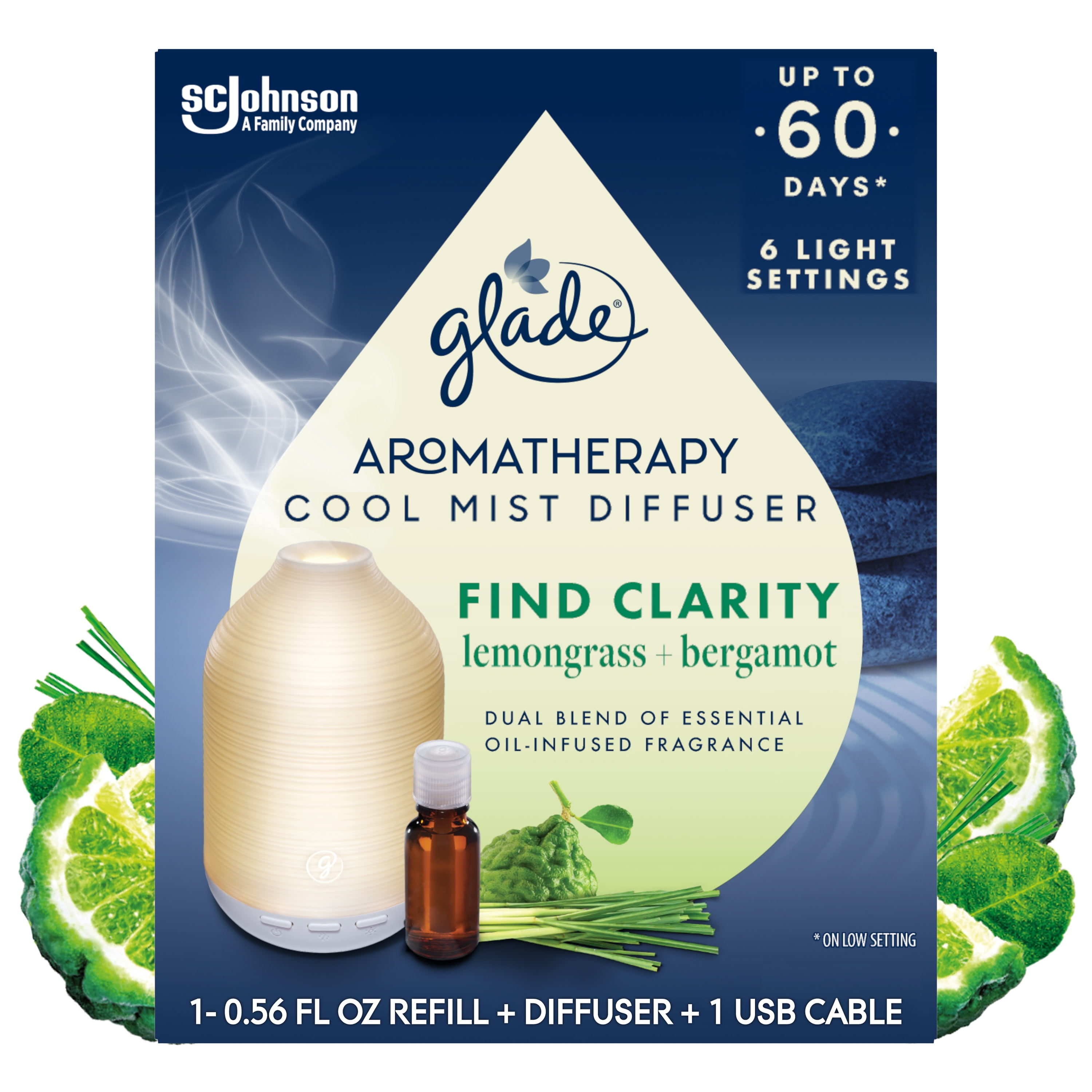 Glade Essential Oil Diffuser, Find Clarity Scentwith Notes of Bergamot & Lemongrass, 0.56 oz (16.8 ml), Cool Mist Aromatherapy Diffuser & Air Freshener for Home