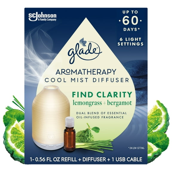 Glade Aromatherapy Essential Oil Diffuser, with 1 Refill, Lemongrass & Bergamot, 0.56 oz