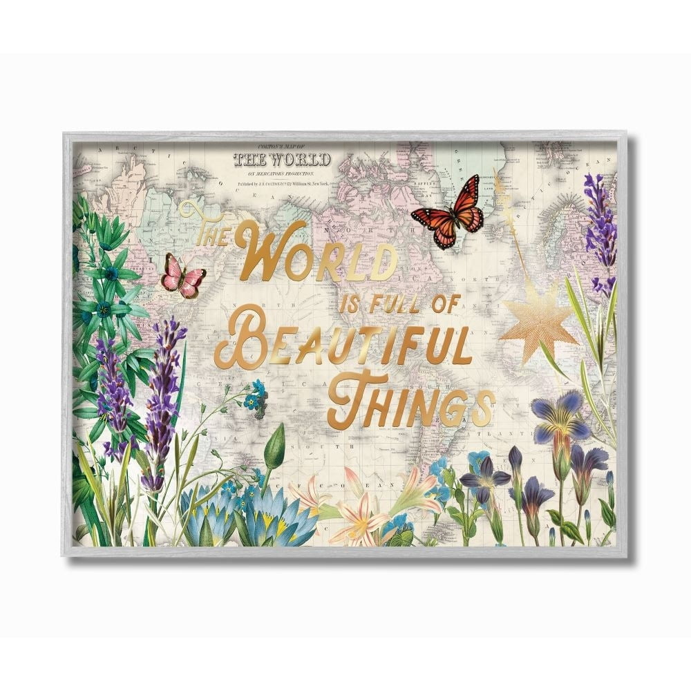 Stupell Industries Beautiful Things Globe Map Flower Word Design Framed Wall Art by Ophelia and Company, 11" x 14", Gray Framed