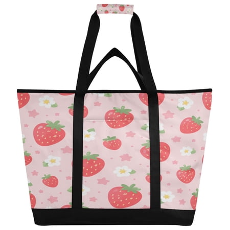 Extra-Large Wide Opening Design Capacity Hand-Held Ice Pack Thickened Insulation Layer For Long-Lasting Cold Retention For Outdoor Shopping Picnics And Camping Pink Strawberry Pattern Graphic