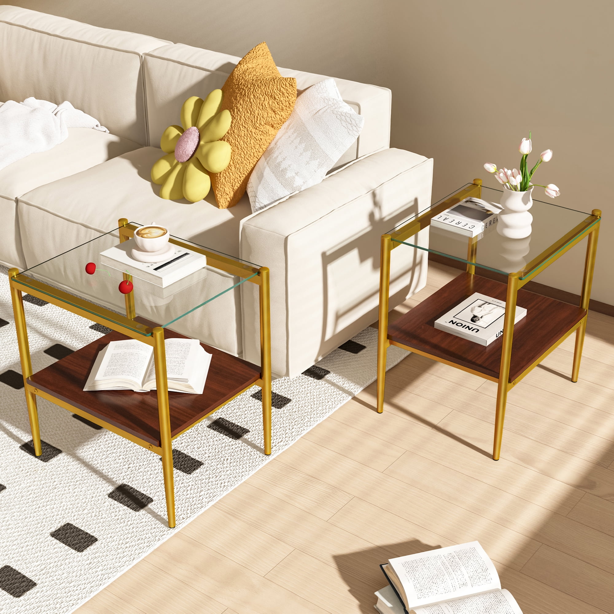 MAYEERTY Set of 2 Rectangle End Tables with Transparent Tempered Glass & MDF Layer