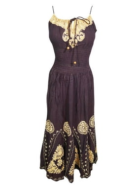 Mogul Womens Beach Party Dress Batik Embroidered Strapy Elastic Waist Boho Chic Rayon Dark Purple Sundress M