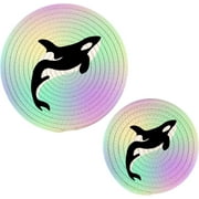 Killer Whale in Swimming Pool Orca Swim in Water on Pastel Color Pot Holders Trivets, 2 PCS Round Cotton Thread Weave Potholders for Kitchens Hot Pads Table Mats Coasters for Hot Dishes