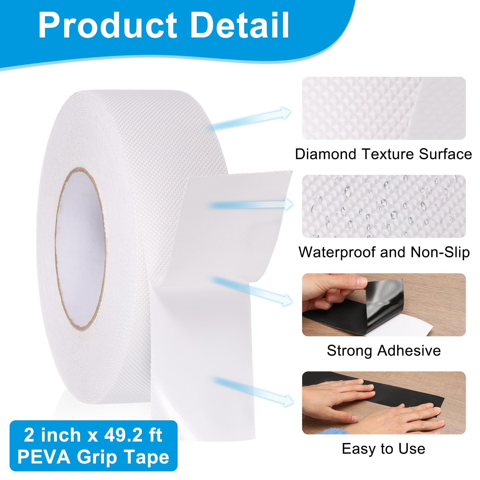 Rubber Grip Tape, 2" x 49.2 Ft Non-Slip Tape Diamond Textured Adhesive Grip Tape for Outdoor/Indoor Steps (White)