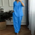 thumbnail image 5 of Fmbrln Womens Plus Size Linen 2 Piece Sets Summer Casual V Neck Button 3/4 Sleeve Tops and Wide Leg Pants Sets Lounge Sets Blue XL, 5 of 5
