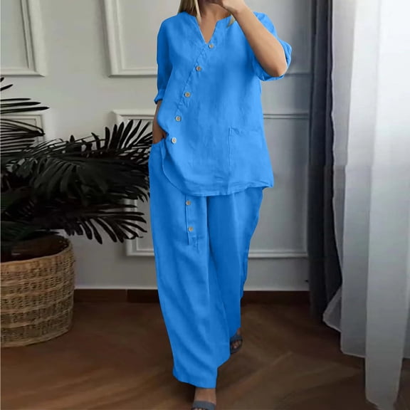 LEKWK Linen Sets for Women 2 Piece Plus Size 3/4 Sleeve V Neck Button Tops and Wide Leg Pants Summer Solid Casual Travel Vacation Outfits
