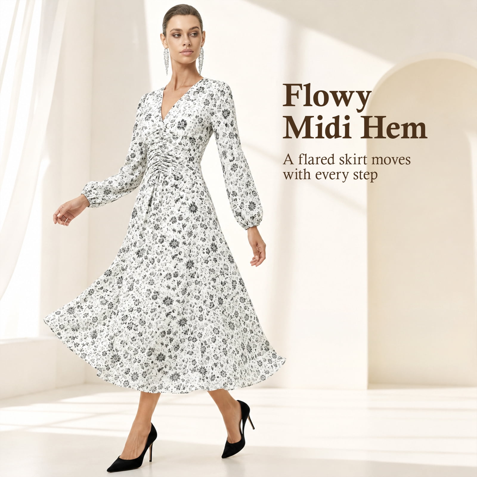 Alvantor Women's Ivory Multi Floral Midi Dress with V-Neck, Long Sleeves and Ruched Waist