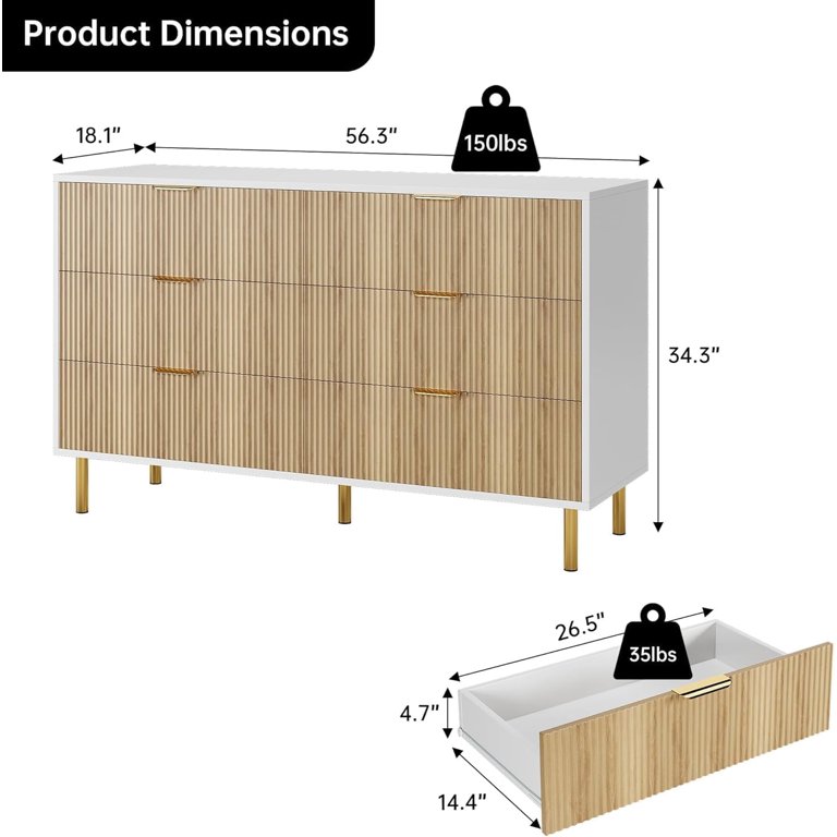gold dresser walmart Modern 6-Drawer Wood Dresser with Gold Handles and Base, Large Storage Chest  for Bedroom Living Room Hallway Closet Entryway, Oak