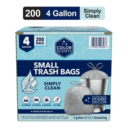 Color Scents Small Trash Bags, 4 Gallon, 200 Bags (Linen Fresh Scent, Drawstring)