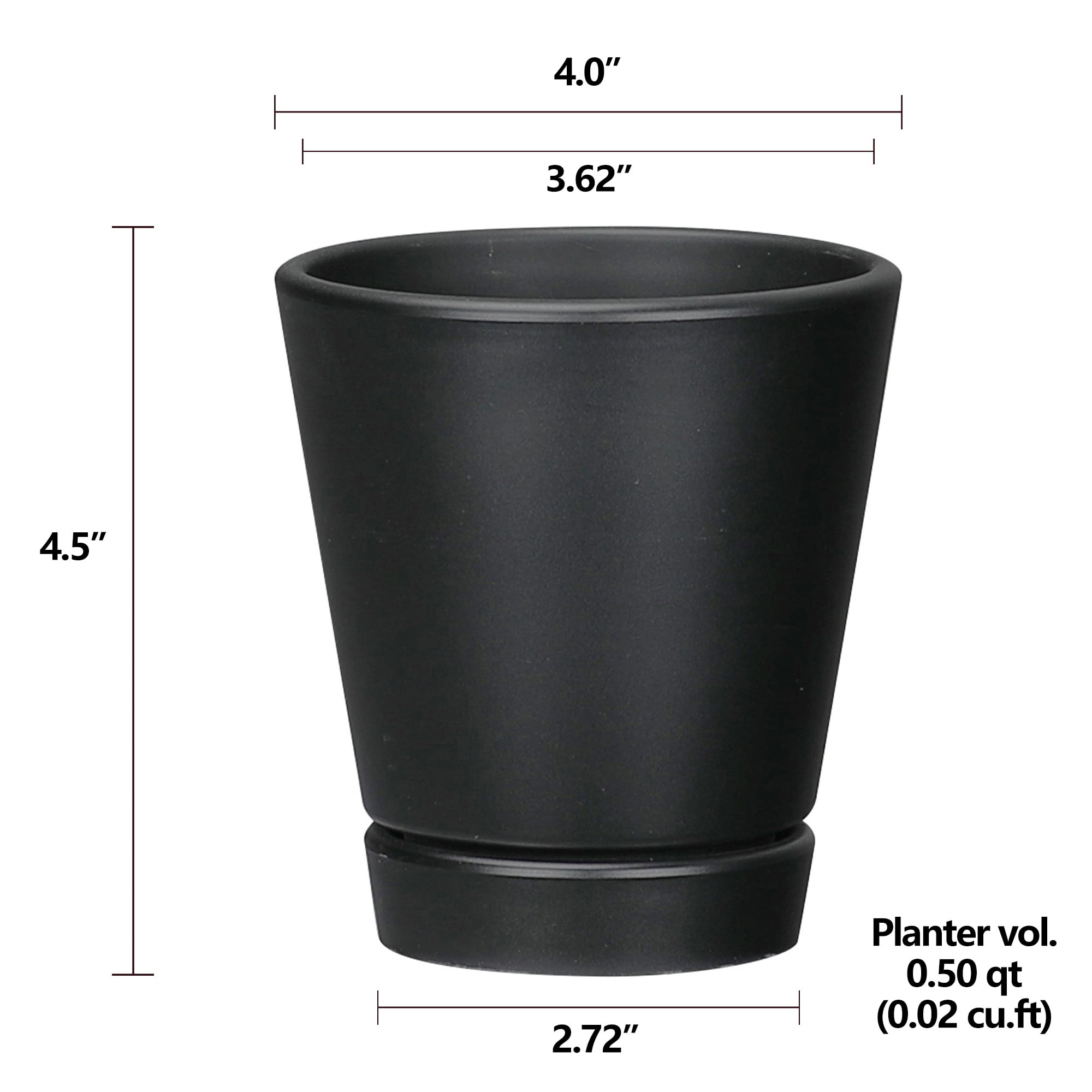 Mainstays Recycled Resin Planter with Attached Saucer, Black, 4in x 4in x 4.5in