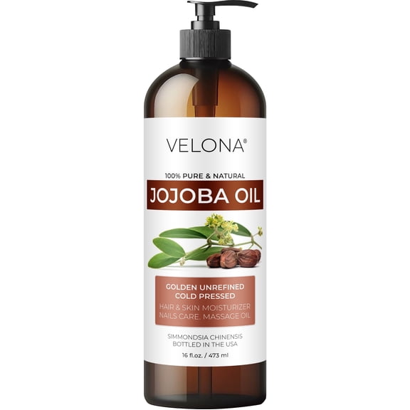velona Jojoba Oil - 16 fl oz (With Pump) | 100% Pure and Natural | Golden, Unrefined, Cold Pressed, Hexane Free | Moisturizing Face, Hair, Body, Skin Care