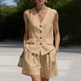 thumbnail image 2 of JULMCOMO Cotton Linen Sets for Women 2 Piece Button Down Deep V Neck Summer Tank Tops Wide Leg Trendy Shorts Matching Sets with Pockets Khaki M, 2 of 5