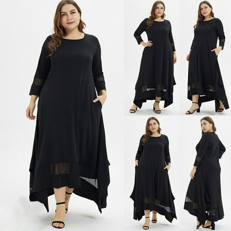 

sebulube Fashion Women Plus Size Solid O-Neck Three Quarter Sleeve Muslim Long Dress