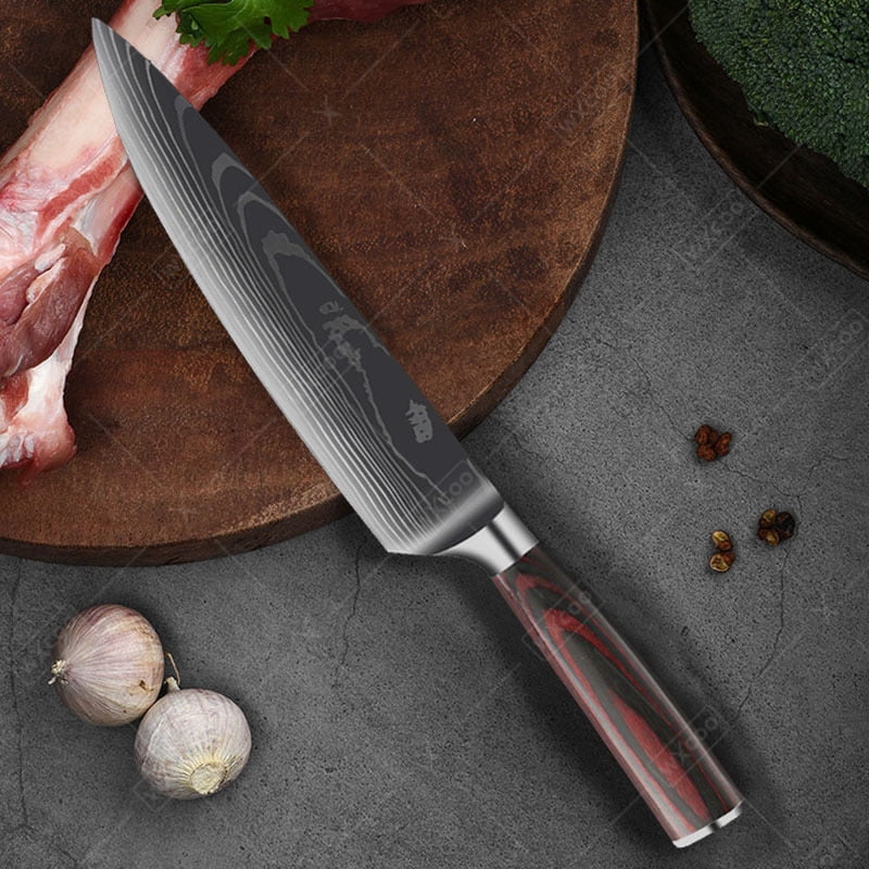 WXCOO 3 Pcs,Kitchen Chef Knife Set, High Carbon Stainless Steel Damascus Drawing Gyuto Cleaver Set Slicer Santoku Knife Chef Knife Vegetable Knife Meat Cleaver Utility Knife Professional Boning Knife