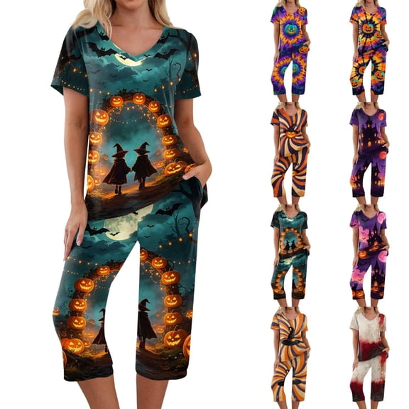 Women's Halloween Loungewear Set Short Sleeve V Neck Top and Capri Pants Tie Dye Pumpkin Pattern Relaxed Fit Sleepwear Pajama Set for Home Party Daily Wear Cyan L
