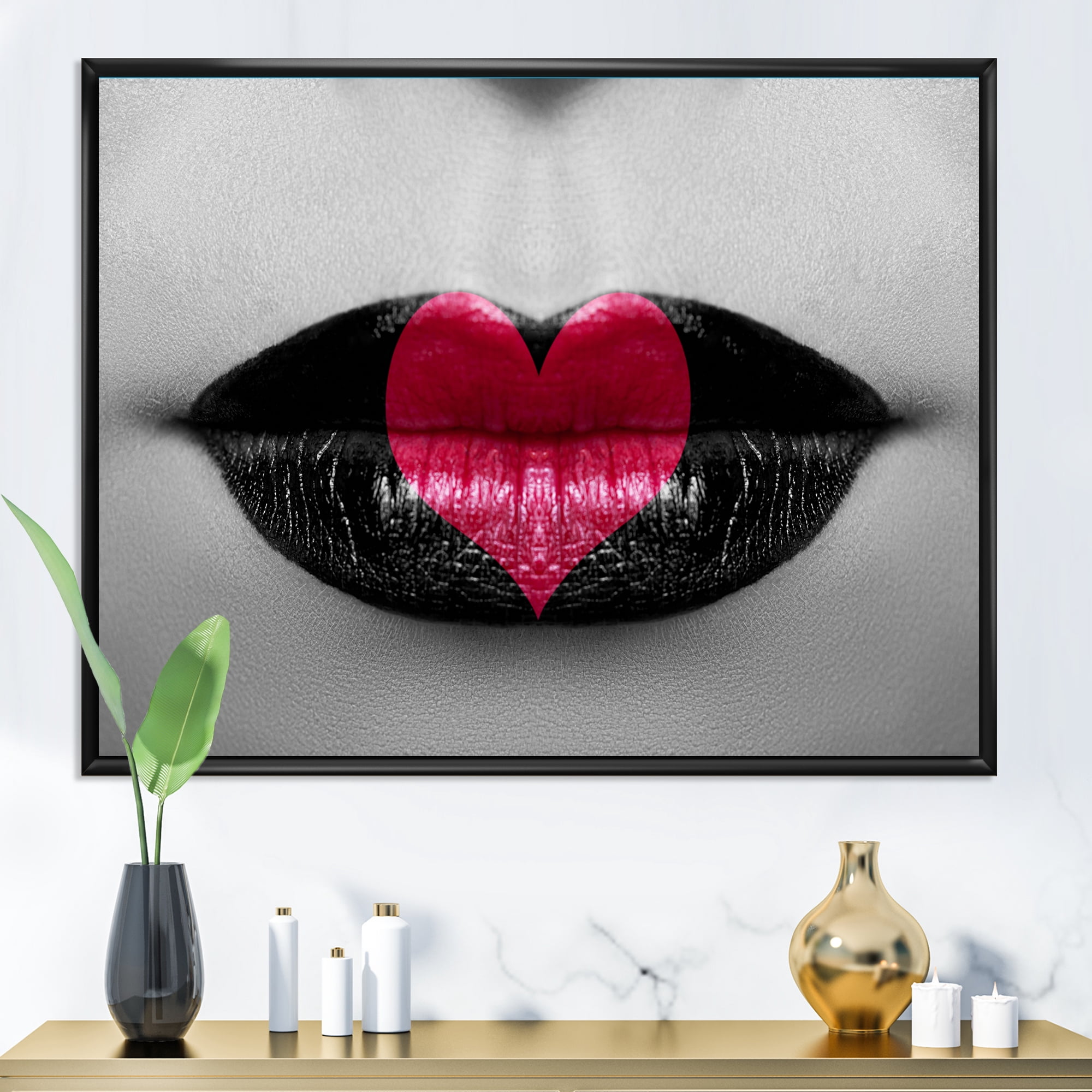 Designart 'Red Heart In Monochrome Lips' Modern Framed Canvas Wall Art Print