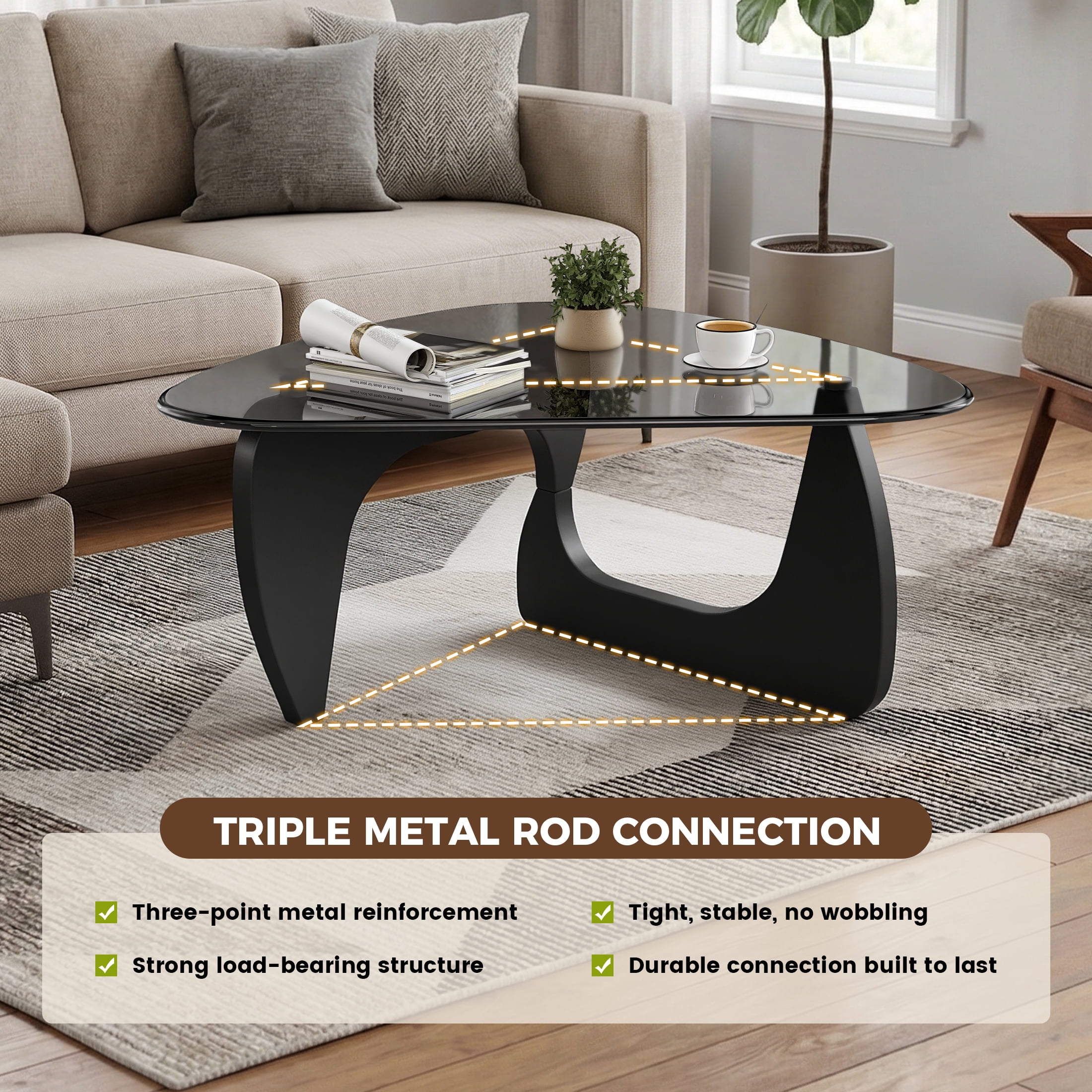 Daluvenix Modern Glass Coffee Table Triangle Coffee Table for Living Room with Glass Top and Wood Base