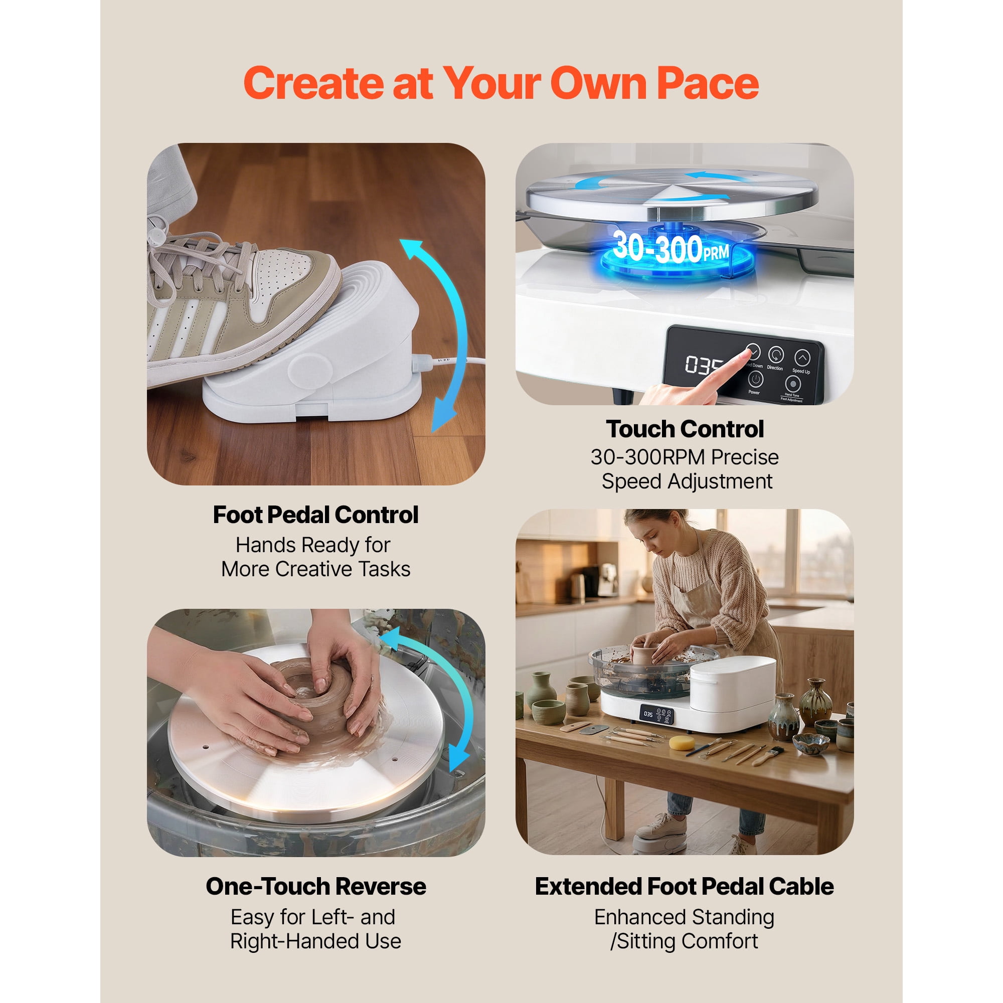 KFFKFF Electric Pottery Wheel for Adults, 14" and 11" Turntables, 450W Tabletop Wheel with Foot Pedal, Adjustable Speed 30-300 RPM, Durable Aluminum Build, Ideal for Beginners and DIY Clay Projects