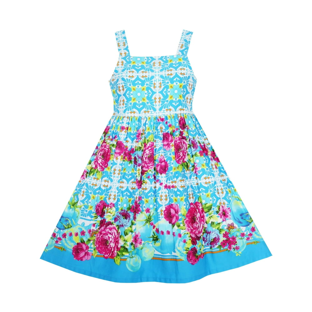 Sunny Fashion - Girls Dress Sleeveless Halter Peony Flower Print Blue ...
