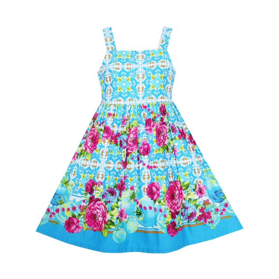 Girls Dress Sleeveless Halter Peony Flower Print Blue Pink 4