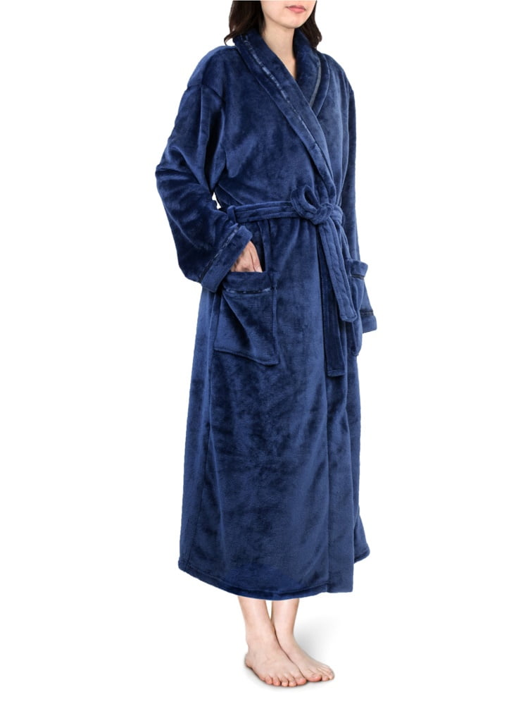 Pavilia PAVILIA Premium Womens Fleece Robe, Satin Trim, Soft Plush Warm Fuzzy Bathrobe,Blue,S