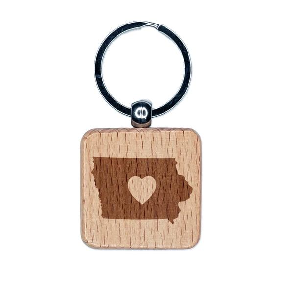 Iowa State with Heart Square Keychain Charm Tag - Engraved Wood