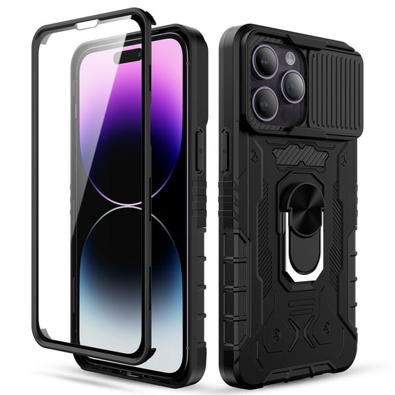 Elegant Choise for iPhone 14 Pro Max Case Built-in Tempered Glass Screen Protector Slide Camera Lens Phone Cover, Black