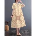 thumbnail image 1 of JUNWELL Summer Traditional Pattern Print Casual Round Neck Short Sleeve Dress Imitation Linen Fabric Dress Light Breathable Comfortable, 1 of 6