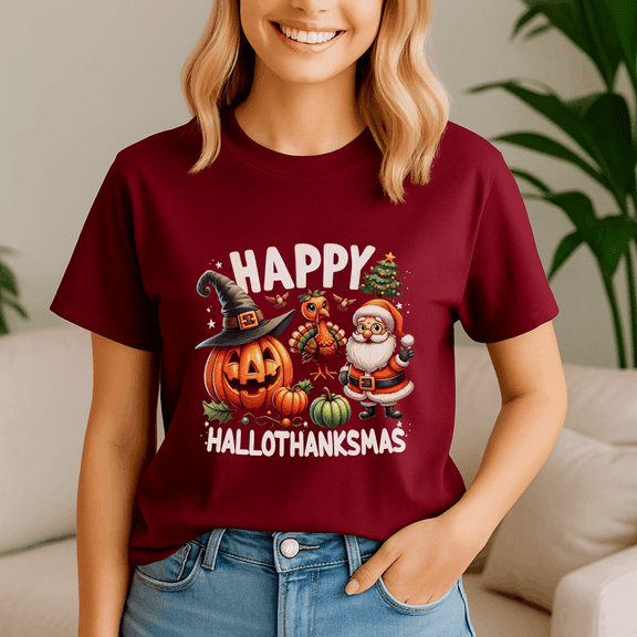 Happy Hallothanksmas Tshirt, Halloween Thanksgiving Christmas Shirt, Holiday Season Tee, Turkey Gift, Vintage Ghost ,Merry Christmas