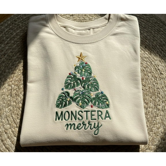 Monstera Leaf Christmas Tree Embroidered Sweatshirt – Plant Lover Holiday Gift