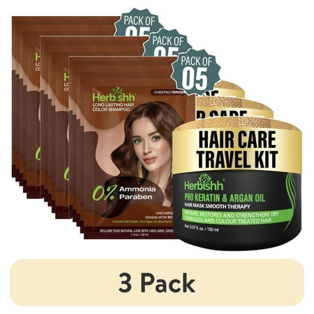 (3 pack) Herbishh Hair Dye Shampoo Chestnut Brown Color 3-in-1 Travel Pack (30ml x5) + Keratin Argan Oil Hair Mask for Dry, Damaged & Color Treated Hair, 150ml, Long Lasting Hair Color, For Women & Men