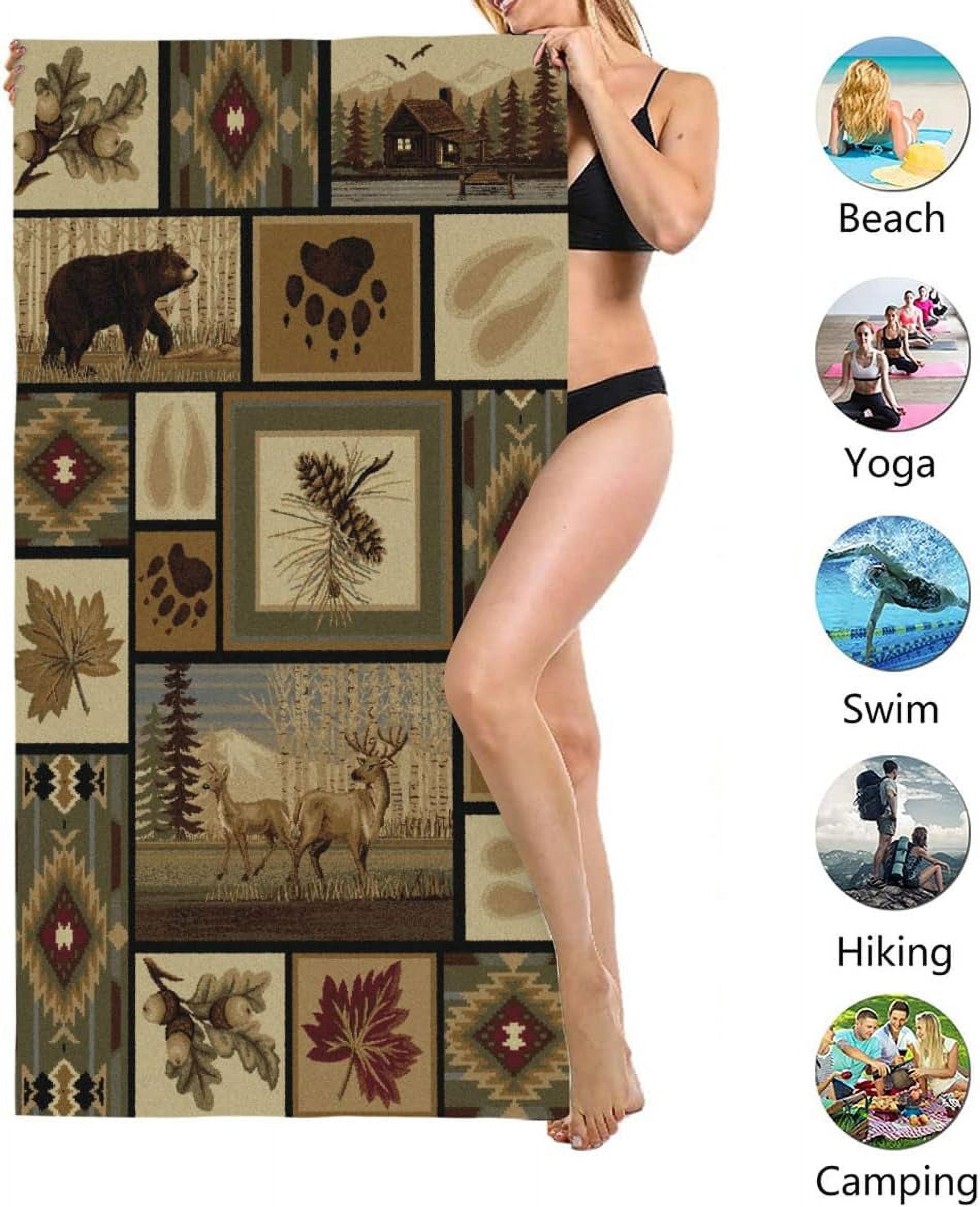 Retro Rustic Beach Towel, Moose Deer Bear Leaf Tree Country Style Farmhouse Microfiber Ultra Soft Quick Dry Highly Absorbent Bath Towels for Beach Party Outdoor Travel Swim Pool Yoga 33x52 Inch