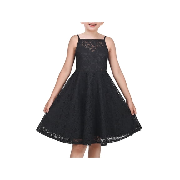Sunny Fashion Girls Dress Lace Overlay Spaghetti Strap Flared Back Bow Party Recital 6 Years