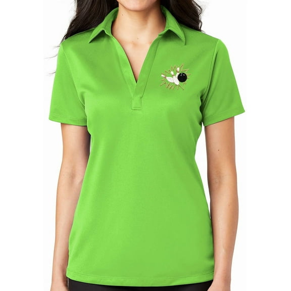Ladie's Crashing Bowling Pins No Button Polo Shirt, Small Lime Green