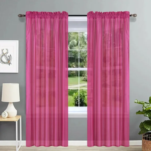 Gorgeous Home Linen 2PC MR2 Hot Pink Solid Color Faux Silk Semisheer See Through Rod pocket Window Curtain Panels 55" Wide X 95" Long Each pc