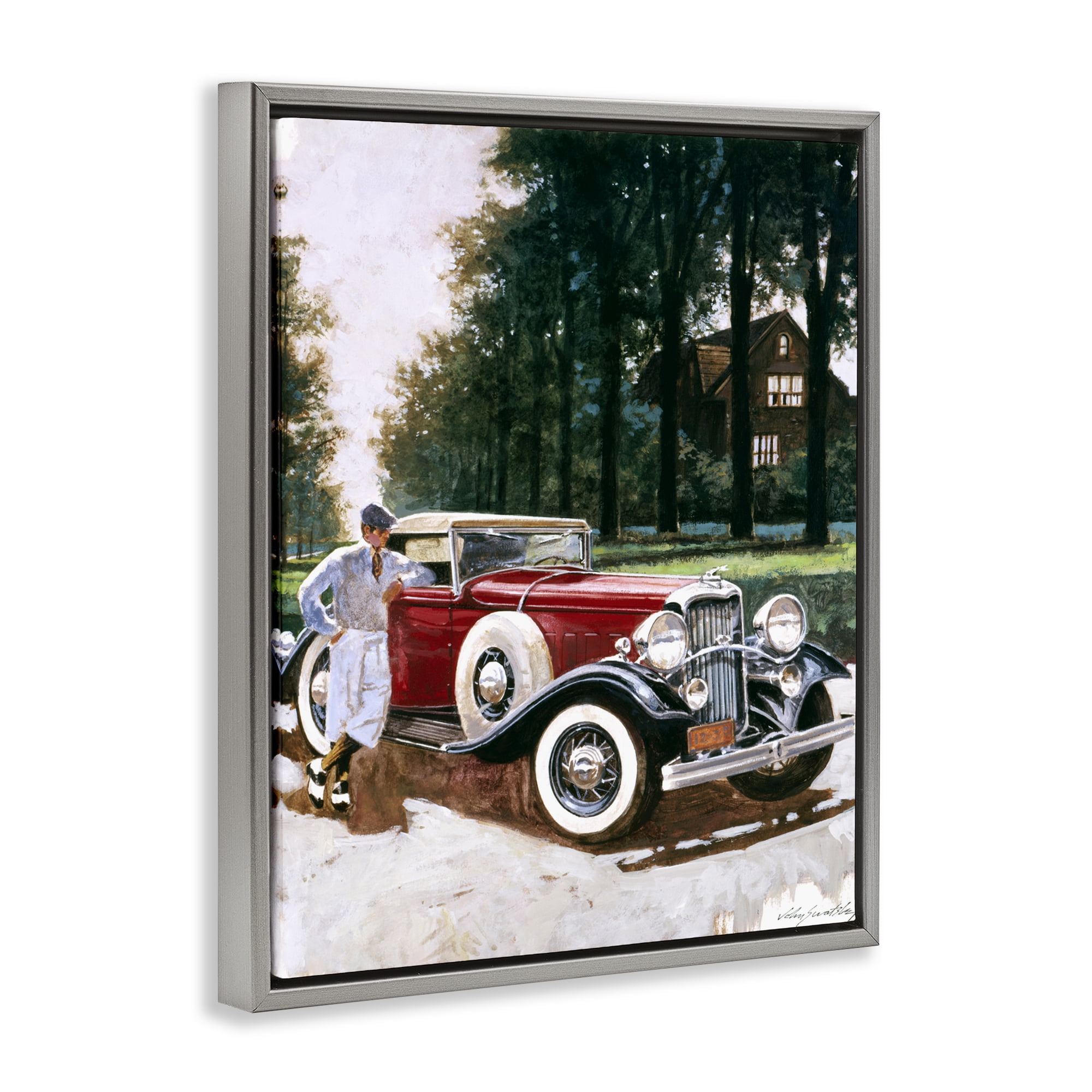 Retro Convertible Coupe & Driver Gray Framed Floater Canvas Wall Art, design by Wind River Studios