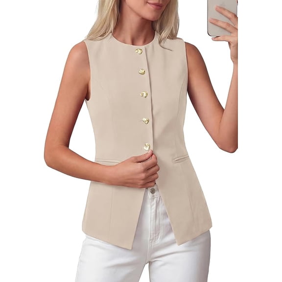 BTFBM Blazers for Women Vest Tops Business Casual Outfits Button Down Sleeveless Pockets Office Work Clothes Spring